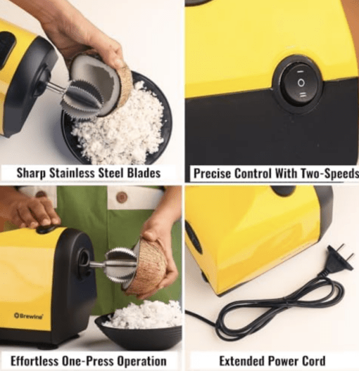 Brewine Coconut Scraper With Citrus Juice Press, 200 Watts… (Yellow) - Image 3